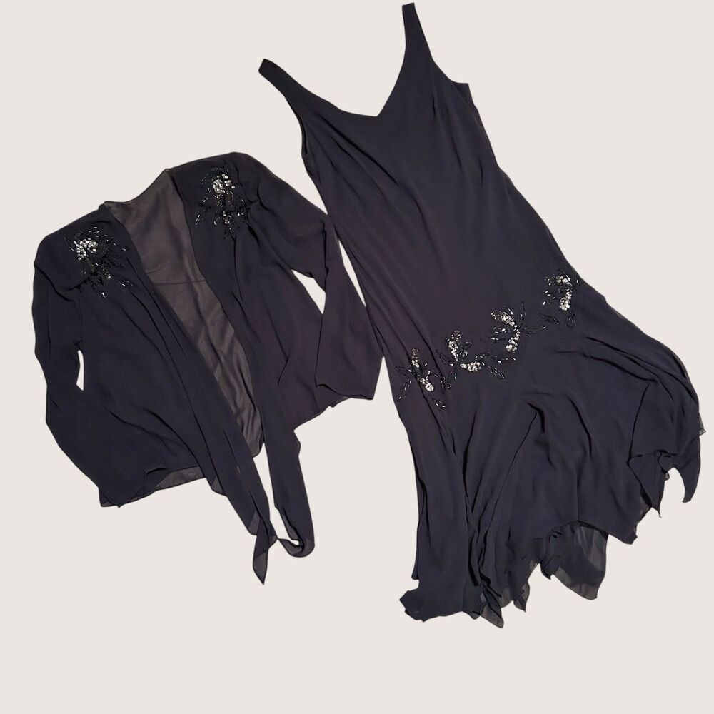 Vintage Navy Beaded Dress & Sheer Jacket Set Asymmetrical Hem Evening Formal